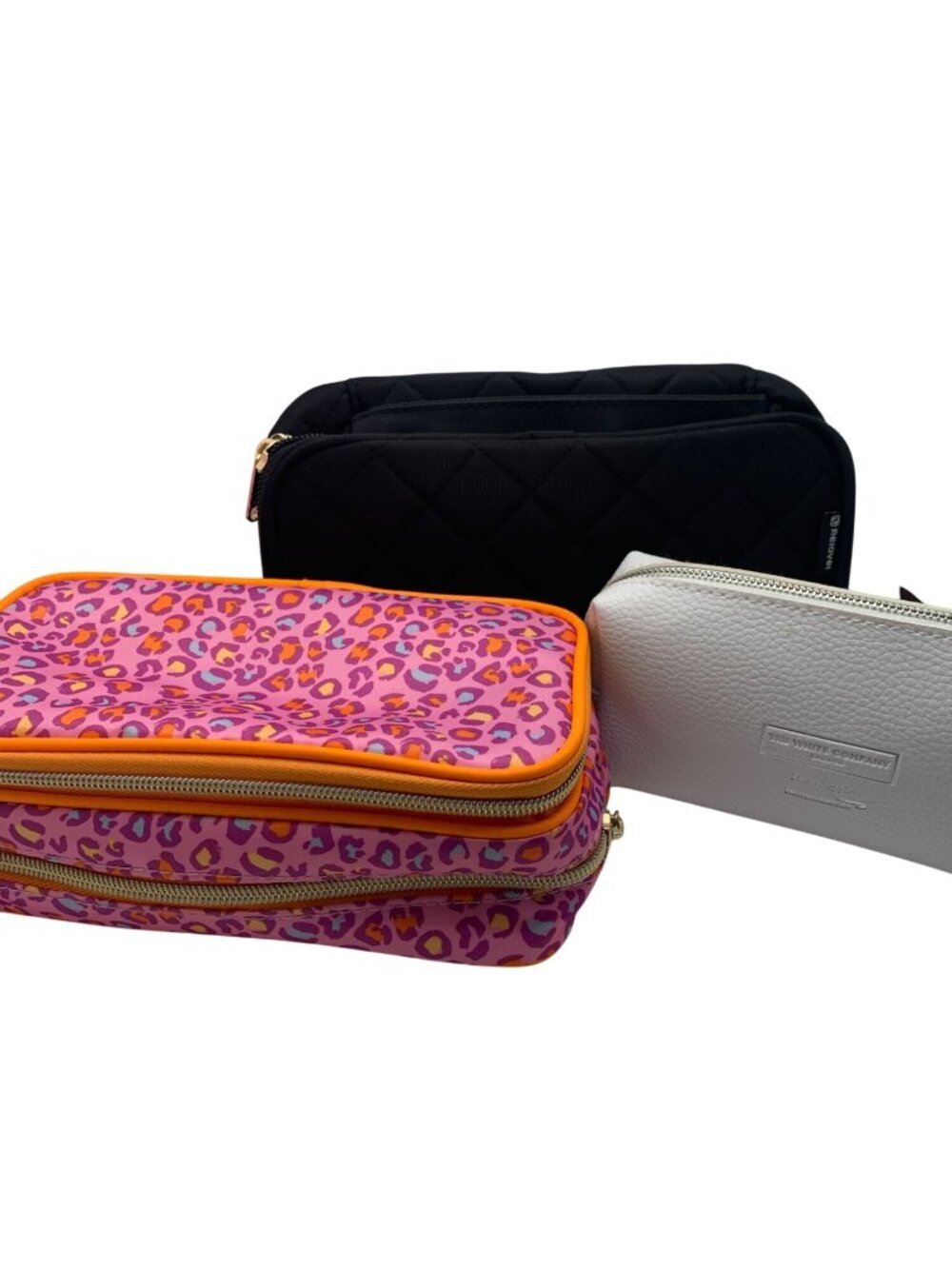 Set Of 3 Cosmetic Bags - Pink Leopard Print Quilted Black & White Textured Pouch